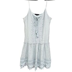 Fishbowl Blue Mini Dress Crochet Lace Trim Boho Tassel Tie Sleeveless Women's L‎